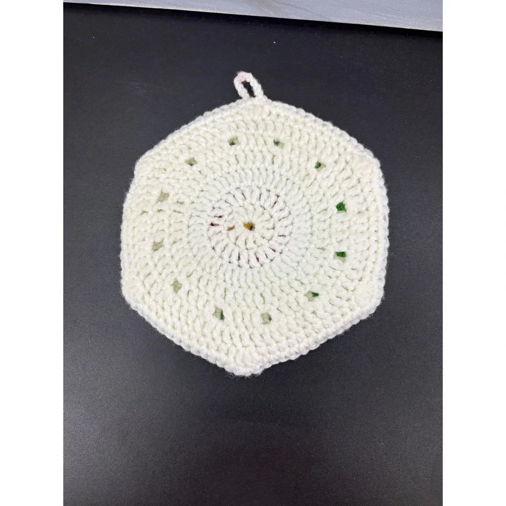 Vintage Handmade Crochet Potholder Red Flower Hexagon Trivet Hot Pad Grannycore